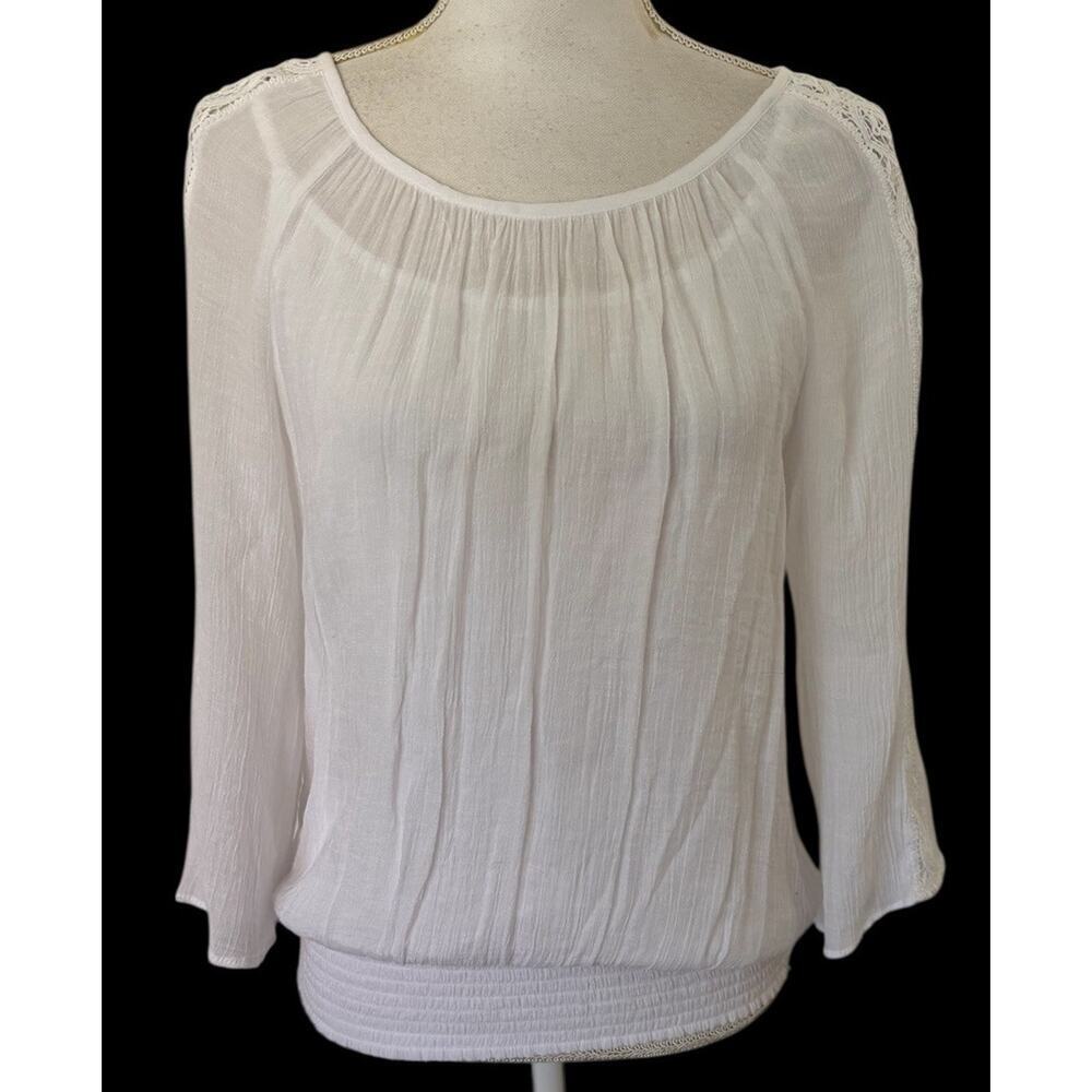 JM Collection White Pullover Blouse Elastic Length Crew Neck Women Size M